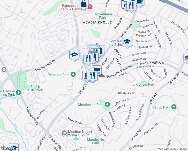 map of restaurants, bars, coffee shops, grocery stores, and more near 24871 Overland Drive in Laguna Hills