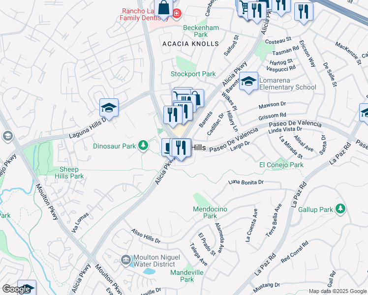map of restaurants, bars, coffee shops, grocery stores, and more near in Laguna Hills