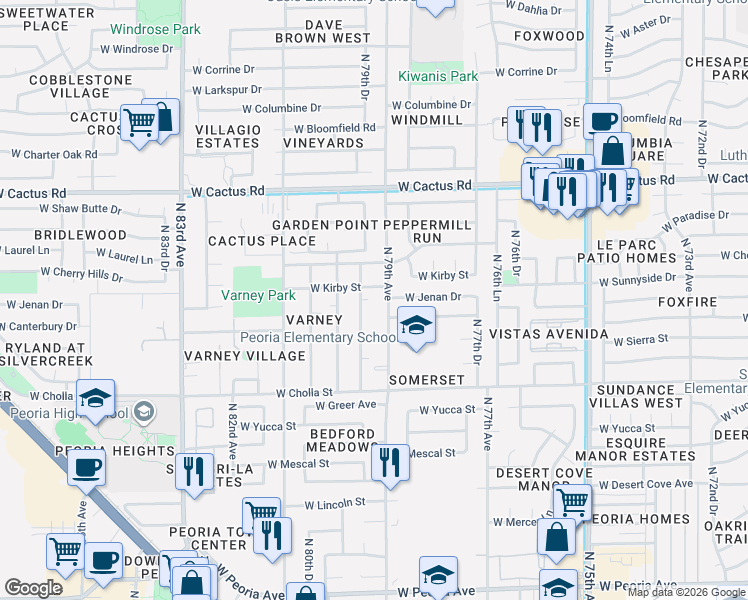 map of restaurants, bars, coffee shops, grocery stores, and more near 11635 North 79th Drive in Peoria