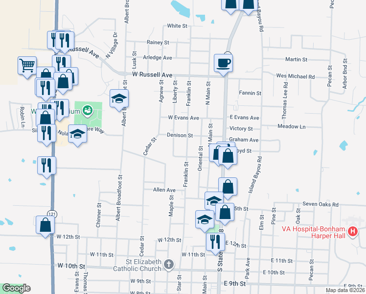 map of restaurants, bars, coffee shops, grocery stores, and more near 319 West Boyd Street in Bonham
