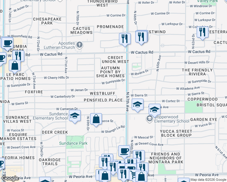 map of restaurants, bars, coffee shops, grocery stores, and more near 6803 West Canterbury Drive in Peoria