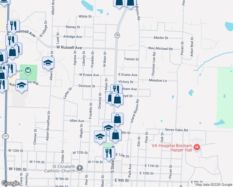 map of restaurants, bars, coffee shops, grocery stores, and more near 201 East Boyd Street in Bonham