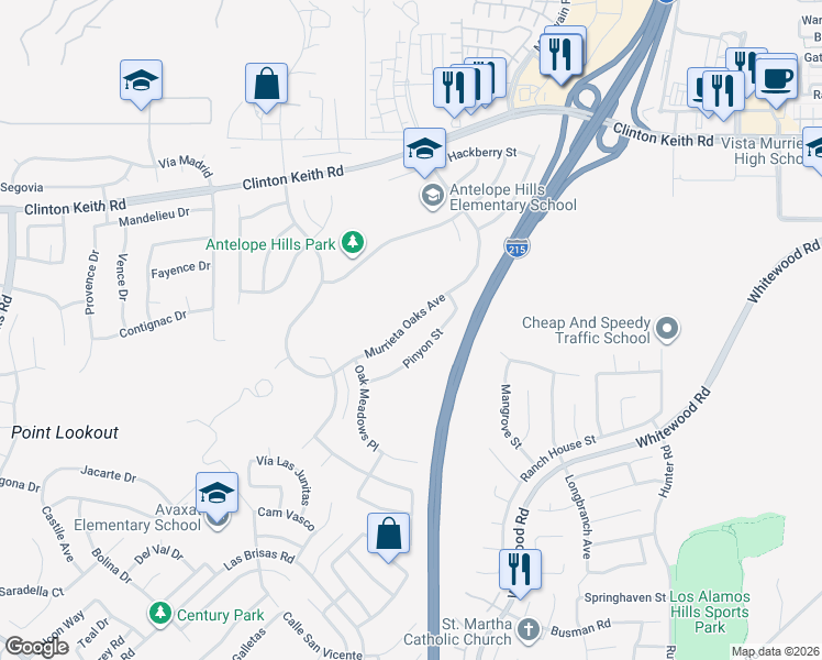 map of restaurants, bars, coffee shops, grocery stores, and more near 27488 Murrieta Oaks Avenue in Murrieta