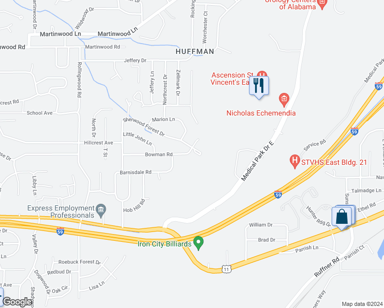 map of restaurants, bars, coffee shops, grocery stores, and more near 713 Sherwood Forest Circle in Birmingham