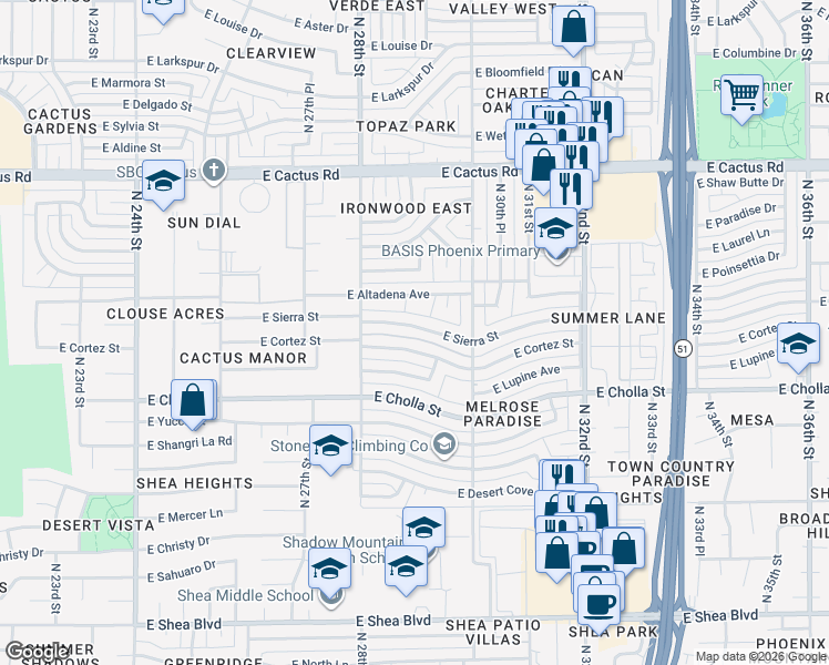 map of restaurants, bars, coffee shops, grocery stores, and more near 2843 East Cortez Street in Phoenix