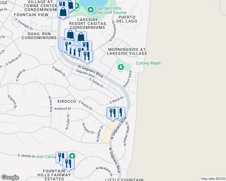 map of restaurants, bars, coffee shops, grocery stores, and more near 17219 East Salida Drive in Fountain Hills