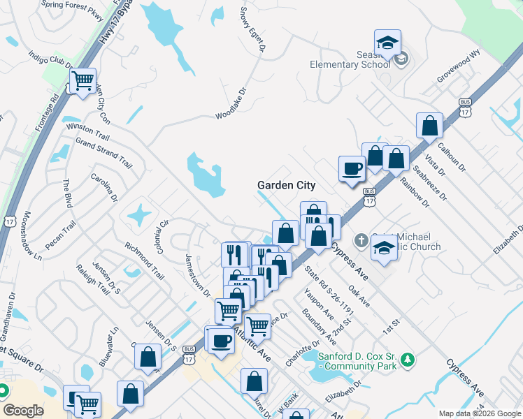 map of restaurants, bars, coffee shops, grocery stores, and more near 121 Addison Cottage Way in Murrells Inlet