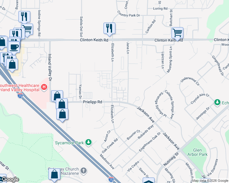 map of restaurants, bars, coffee shops, grocery stores, and more near 24678 Ahora Court in Wildomar