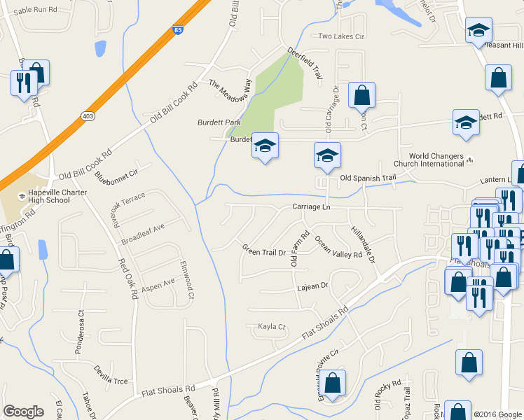 map of restaurants, bars, coffee shops, grocery stores, and more near 2825 Middleburg Drive in Atlanta