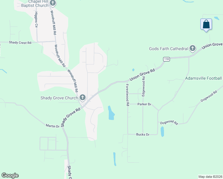 map of restaurants, bars, coffee shops, grocery stores, and more near 1517 Union Grove Road in Adamsville