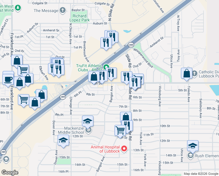 map of restaurants, bars, coffee shops, grocery stores, and more near 413 Bangor Avenue in Lubbock