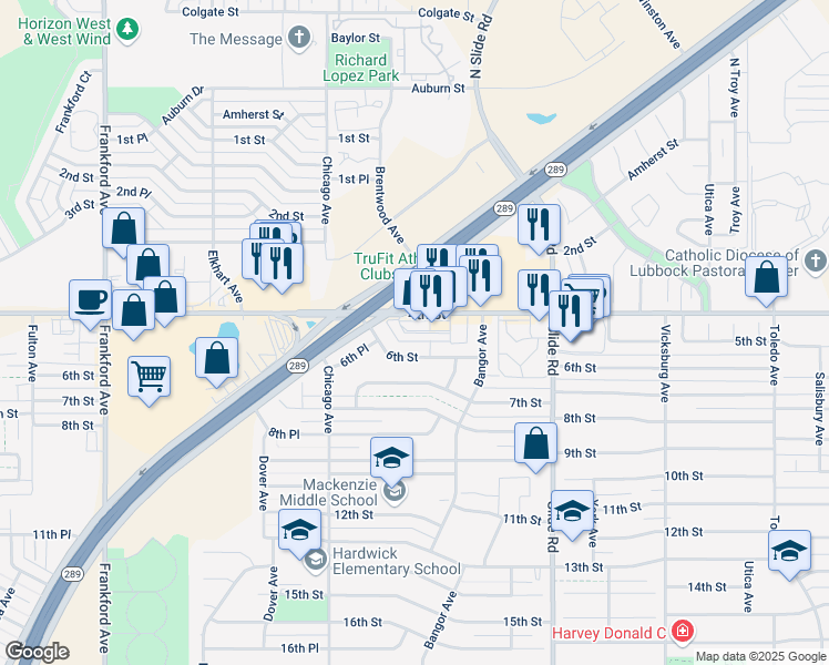 map of restaurants, bars, coffee shops, grocery stores, and more near 5428 6th Street in Lubbock