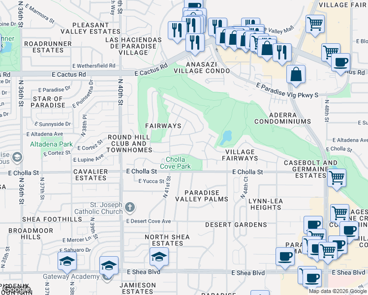map of restaurants, bars, coffee shops, grocery stores, and more near 4134 East Lupine Avenue in Phoenix