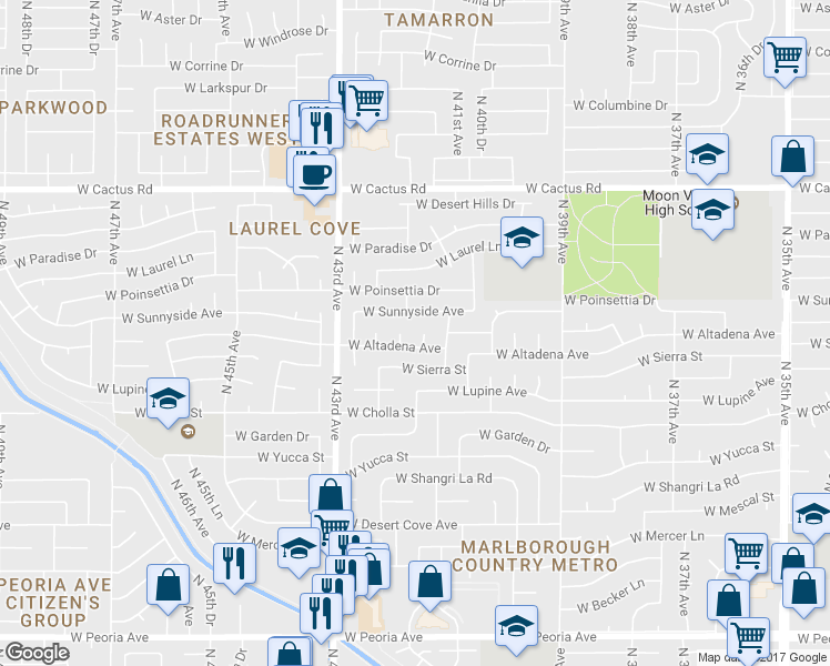 map of restaurants, bars, coffee shops, grocery stores, and more near 4141 West Altadena Avenue in Phoenix