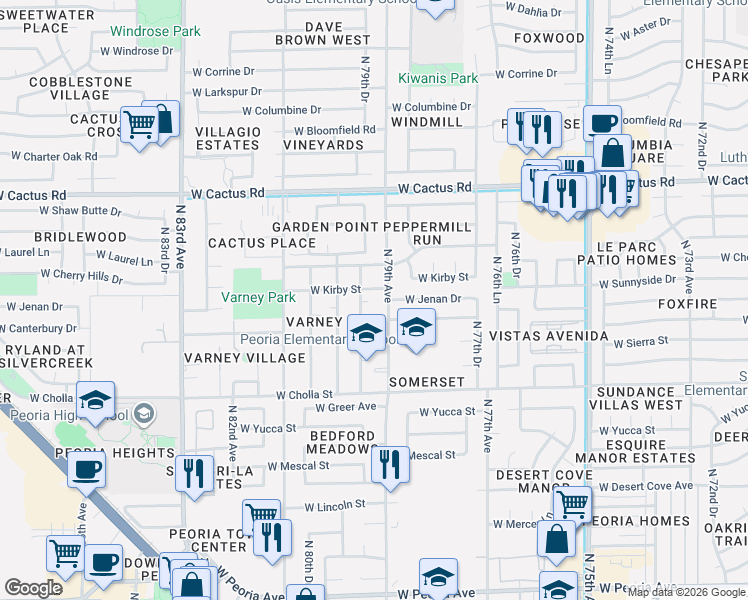 map of restaurants, bars, coffee shops, grocery stores, and more near 11635 North 79th Drive in Peoria