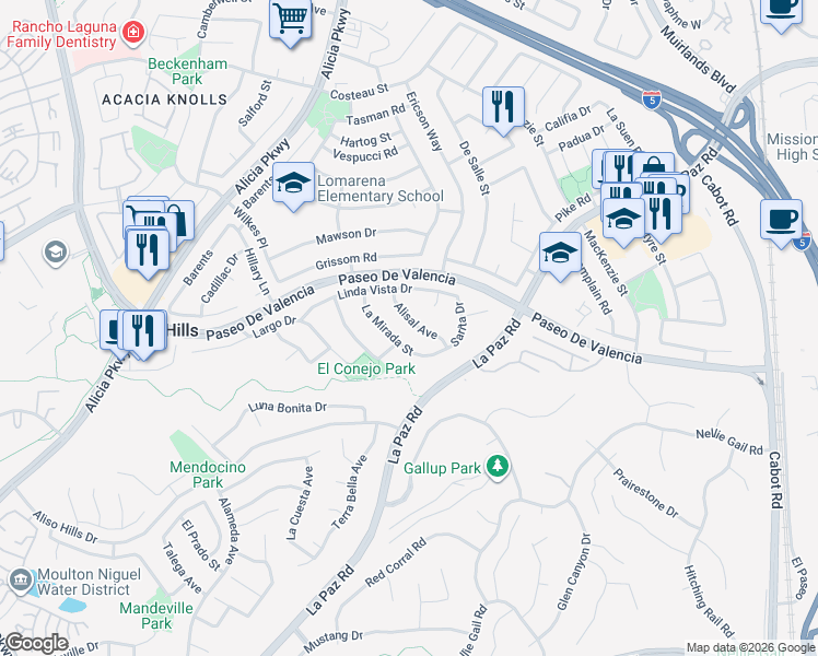 map of restaurants, bars, coffee shops, grocery stores, and more near 25552 La Mirada Street in Laguna Hills