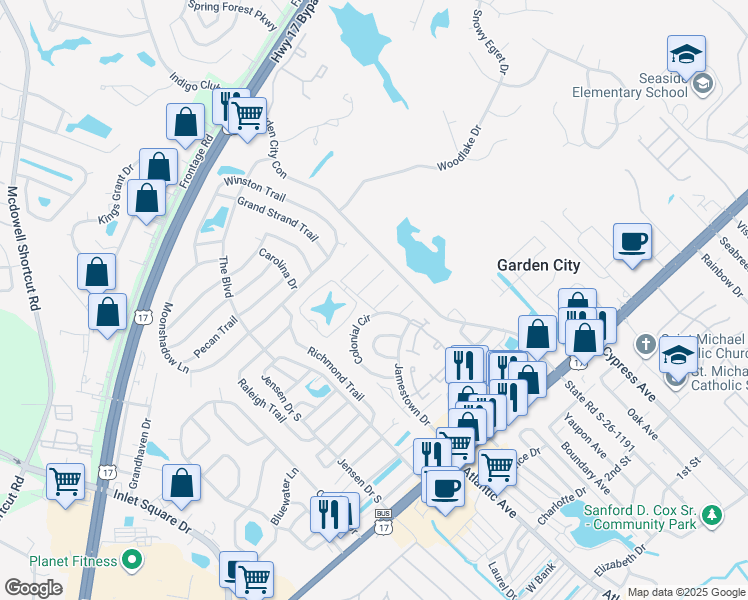 map of restaurants, bars, coffee shops, grocery stores, and more near 135 Colonial Circle in Murrells Inlet