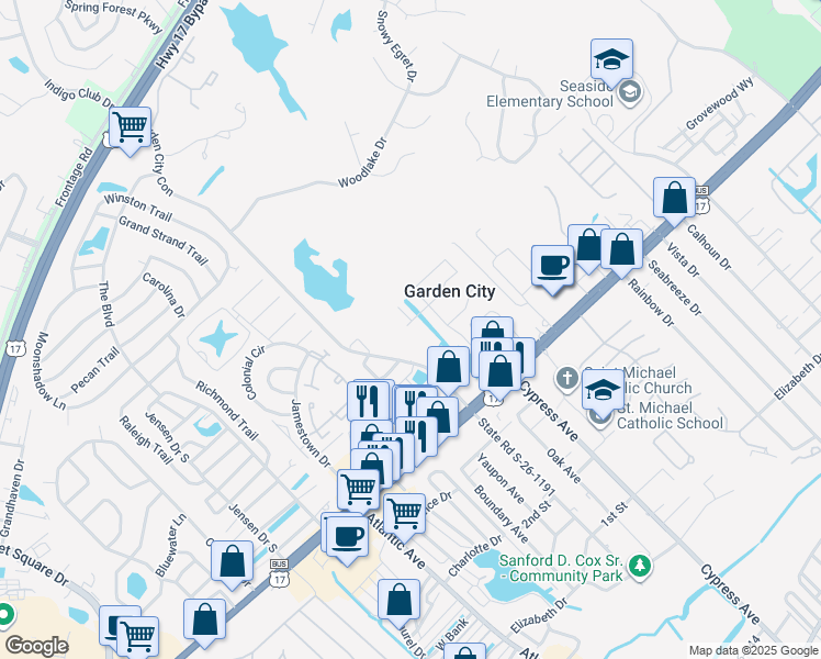 map of restaurants, bars, coffee shops, grocery stores, and more near 121 Addison Cottage Way in Murrells Inlet