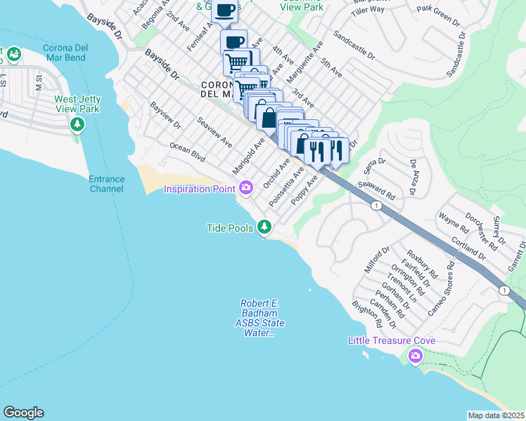 map of restaurants, bars, coffee shops, grocery stores, and more near 3628 Ocean Boulevard in Newport Beach
