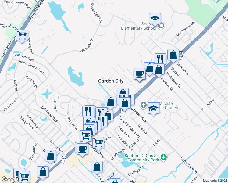 map of restaurants, bars, coffee shops, grocery stores, and more near 707 Garden Lake Drive in Murrells Inlet