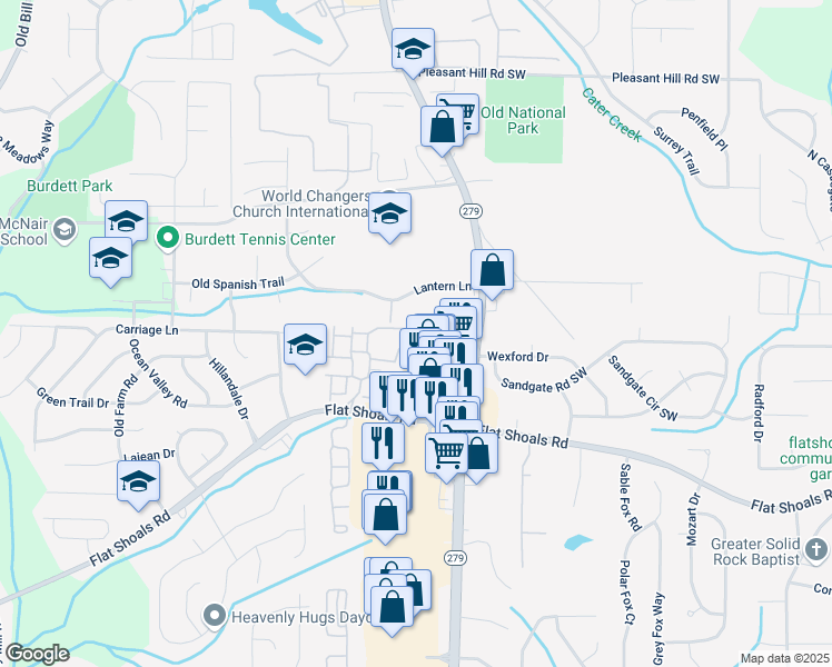map of restaurants, bars, coffee shops, grocery stores, and more near 2555 Flat Shoals Road in Atlanta