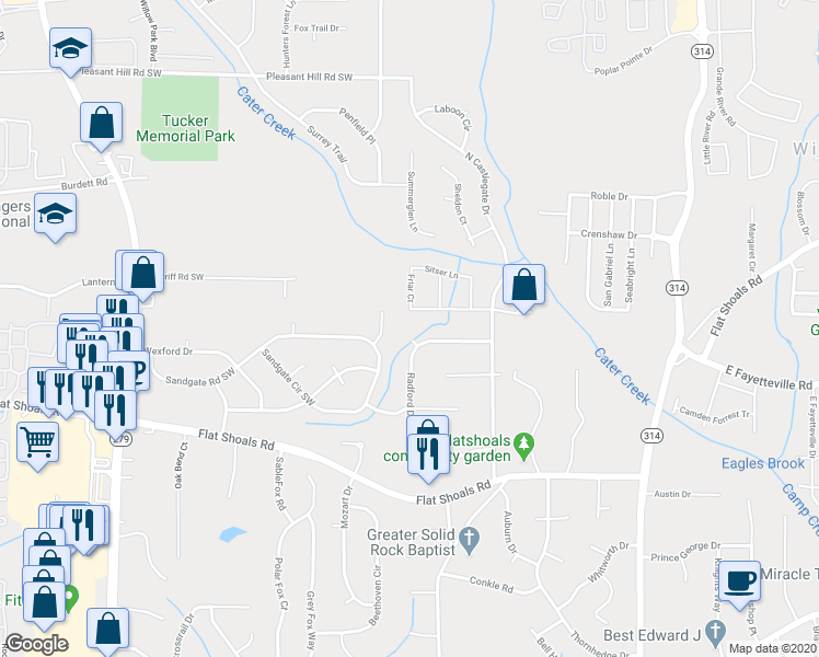 map of restaurants, bars, coffee shops, grocery stores, and more near 6023 Dotson Court in Riverdale