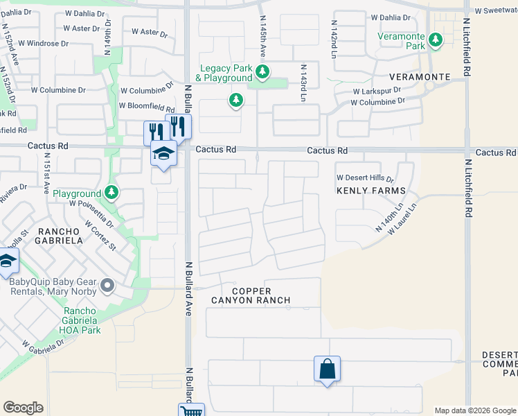 map of restaurants, bars, coffee shops, grocery stores, and more near 11824 North 144th Drive in Surprise