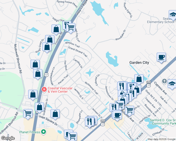 map of restaurants, bars, coffee shops, grocery stores, and more near 635 Woodmoor Drive in Murrells Inlet