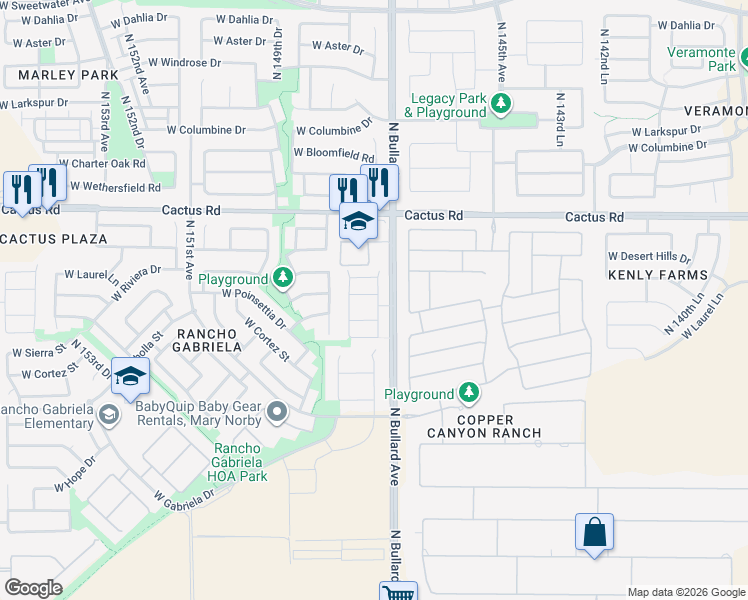 map of restaurants, bars, coffee shops, grocery stores, and more near 11779 147th Drive in Surprise