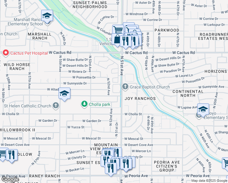 map of restaurants, bars, coffee shops, grocery stores, and more near 11633 North 52nd Avenue in Glendale