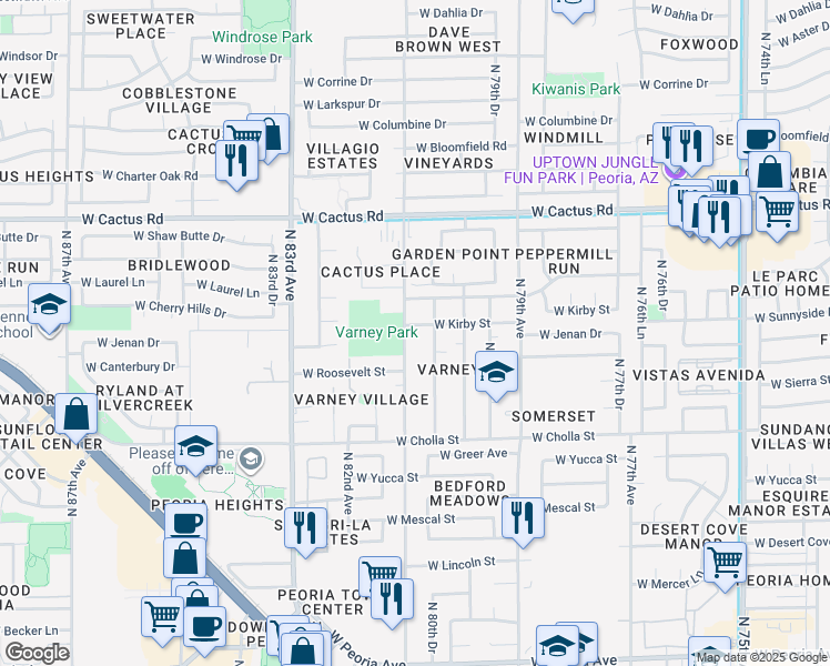 map of restaurants, bars, coffee shops, grocery stores, and more near 8085 West Kirby Street in Peoria
