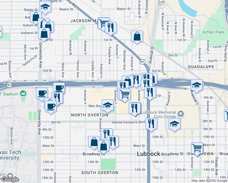 map of restaurants, bars, coffee shops, grocery stores, and more near 404 Avenue T in Lubbock