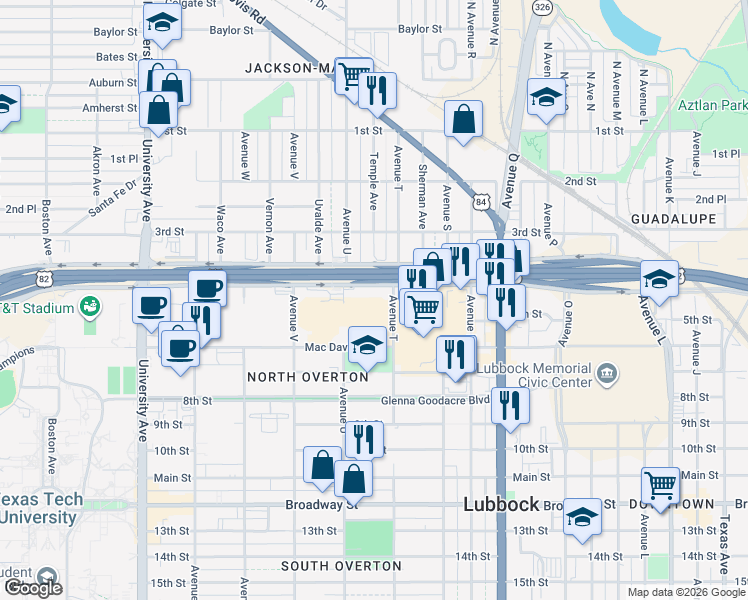 map of restaurants, bars, coffee shops, grocery stores, and more near 404 Avenue T in Lubbock