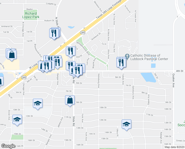 map of restaurants, bars, coffee shops, grocery stores, and more near 4902 4th Street in Lubbock