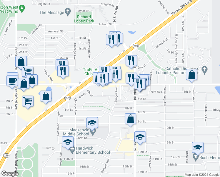 map of restaurants, bars, coffee shops, grocery stores, and more near 5402 4th Street in Lubbock