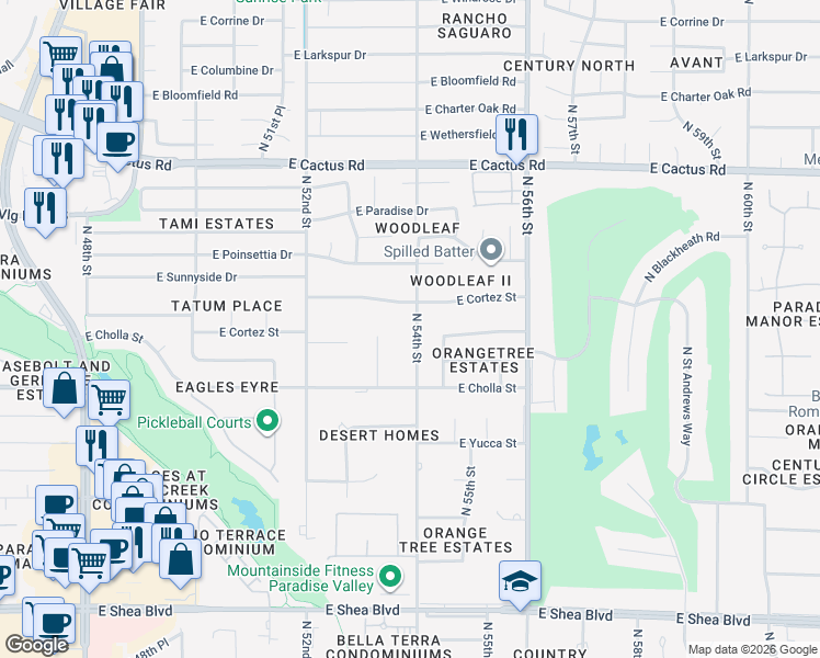 map of restaurants, bars, coffee shops, grocery stores, and more near 5401 East Cortez Drive in Scottsdale