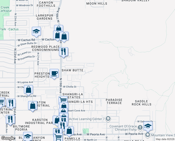 map of restaurants, bars, coffee shops, grocery stores, and more near 1601 West Sunnyside Avenue in Phoenix