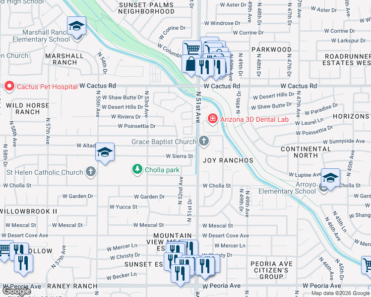 map of restaurants, bars, coffee shops, grocery stores, and more near 11633 North 52nd Avenue in Glendale