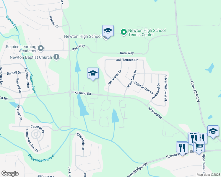 map of restaurants, bars, coffee shops, grocery stores, and more near 30 Oak Manor Drive in Covington