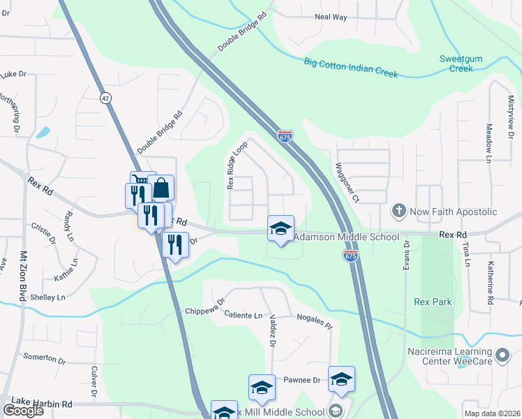 map of restaurants, bars, coffee shops, grocery stores, and more near 3131 Rex Ridge Crossing in Rex
