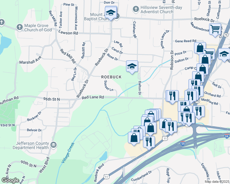 map of restaurants, bars, coffee shops, grocery stores, and more near 11 Sunset Lane in Birmingham
