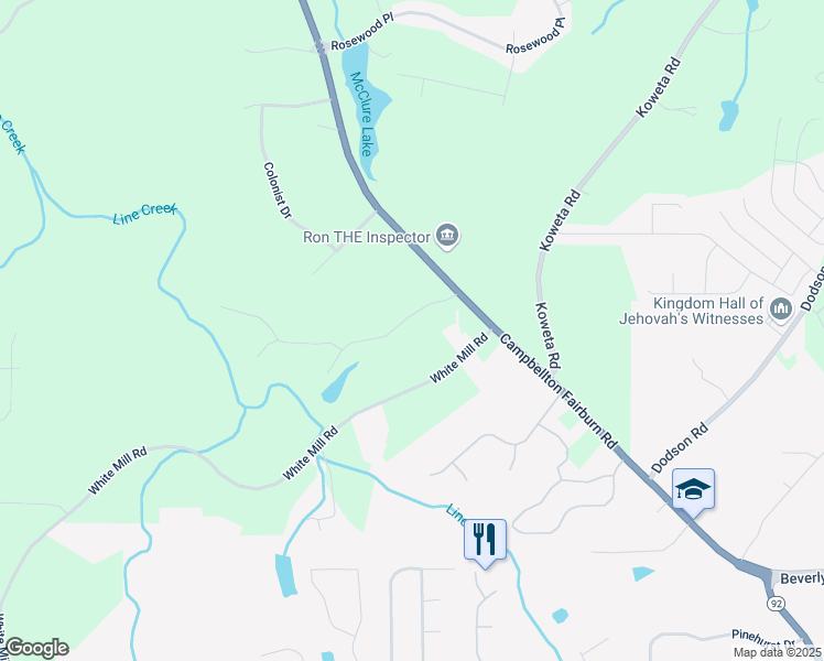 map of restaurants, bars, coffee shops, grocery stores, and more near 6540 Old White Mill Road in Fairburn