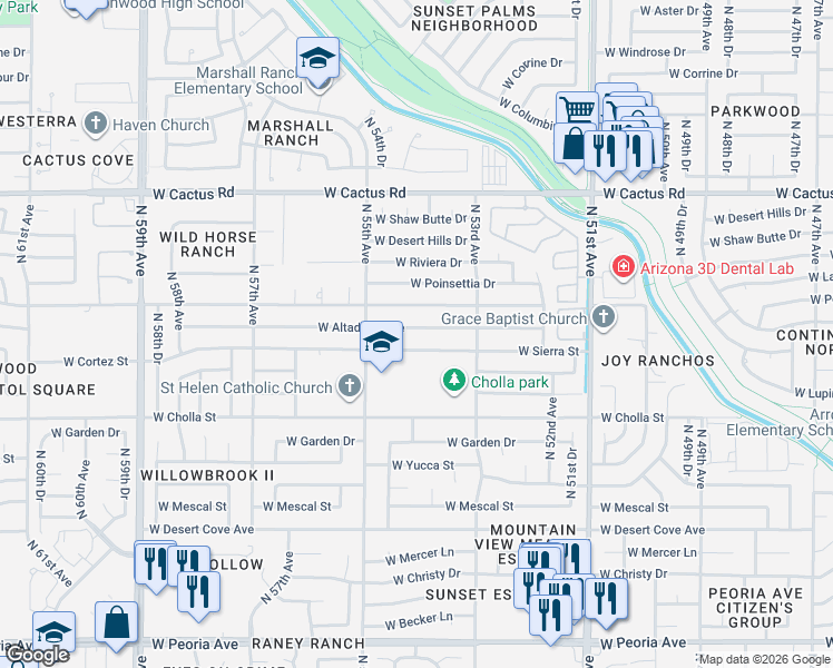 map of restaurants, bars, coffee shops, grocery stores, and more near 5425 West Sunnyside Drive in Glendale