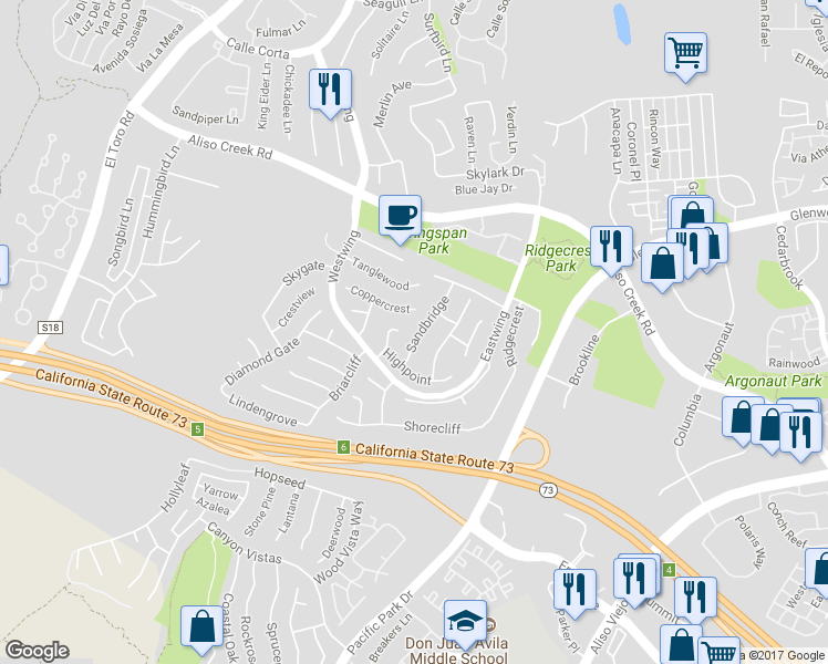 map of restaurants, bars, coffee shops, grocery stores, and more near 29 Sandbridge in Aliso Viejo