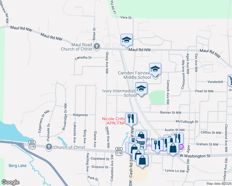 map of restaurants, bars, coffee shops, grocery stores, and more near 516 Bruce Avenue Northwest in Camden