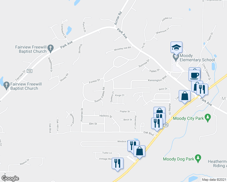 map of restaurants, bars, coffee shops, grocery stores, and more near 2002 Queens Court in Moody