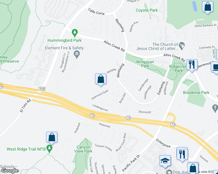 map of restaurants, bars, coffee shops, grocery stores, and more near 17 Diamond Gate in Aliso Viejo