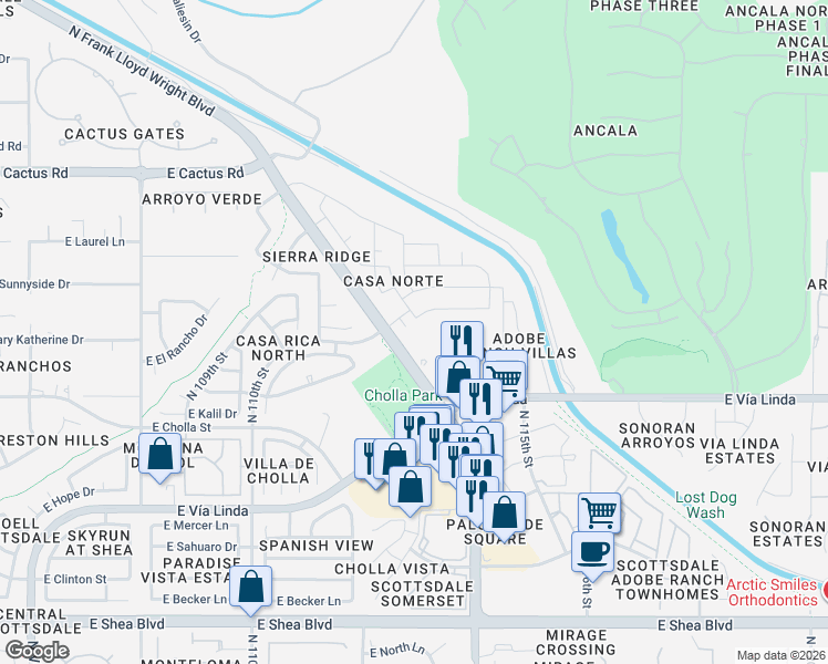 map of restaurants, bars, coffee shops, grocery stores, and more near 11260 North 112th Place in Scottsdale