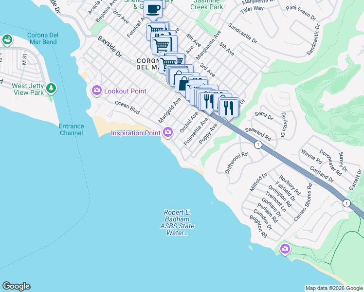 map of restaurants, bars, coffee shops, grocery stores, and more near 3628 Ocean Boulevard in Newport Beach
