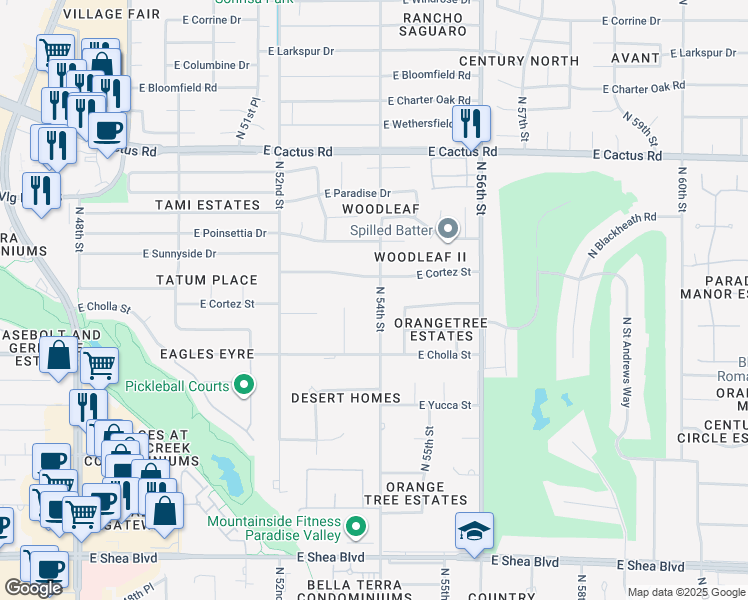 map of restaurants, bars, coffee shops, grocery stores, and more near 5401 East Cortez Drive in Scottsdale